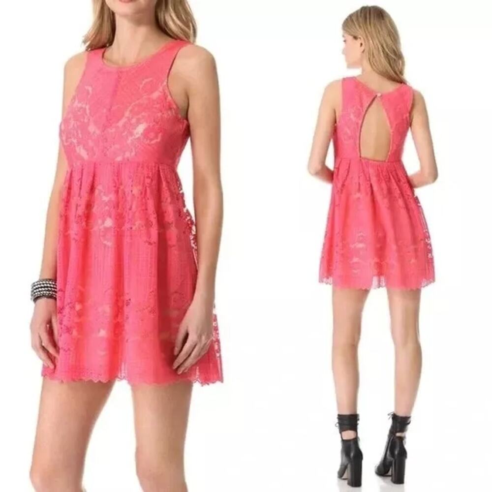FREE PEOPLE Rocco Floral Lace Dress Pointelle Cherry Pink Cut Out Back Size 8